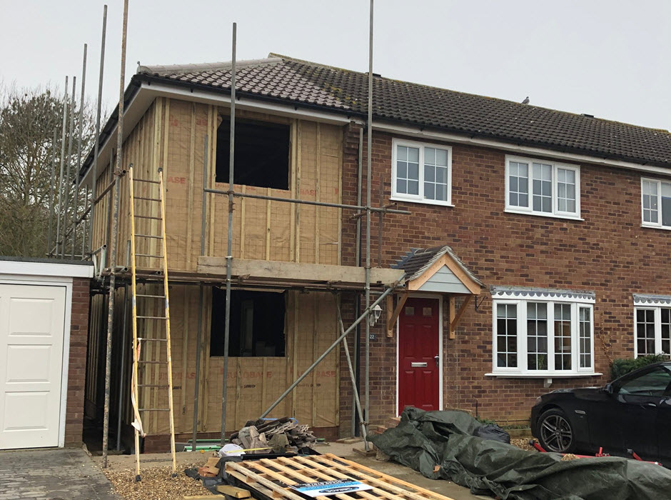 Exterior view of two storey extension in Stowmarket Suffolk